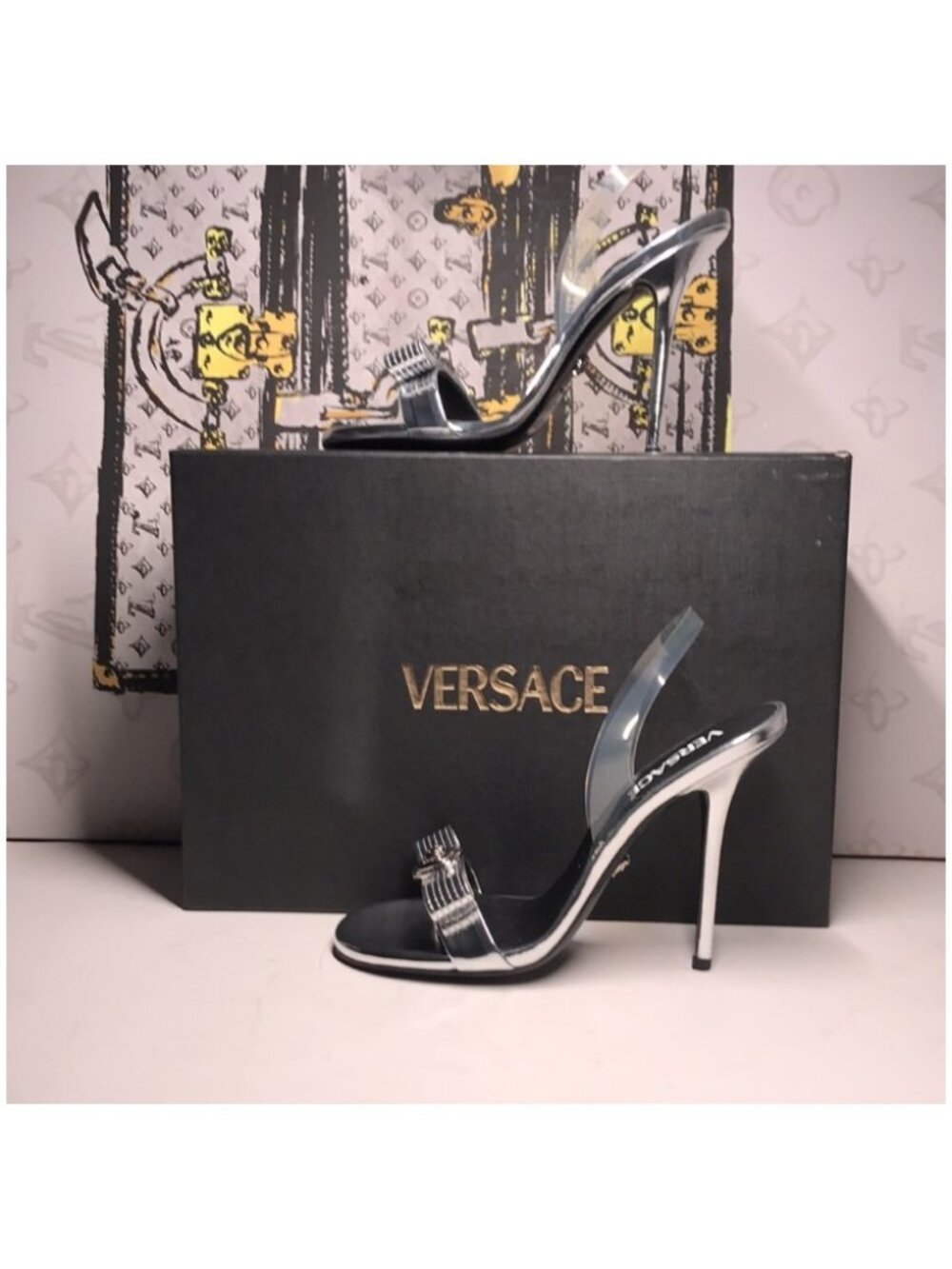 Versace Silver Metallic High Heel Sandals Gianni Ribbon Detail New Size 7